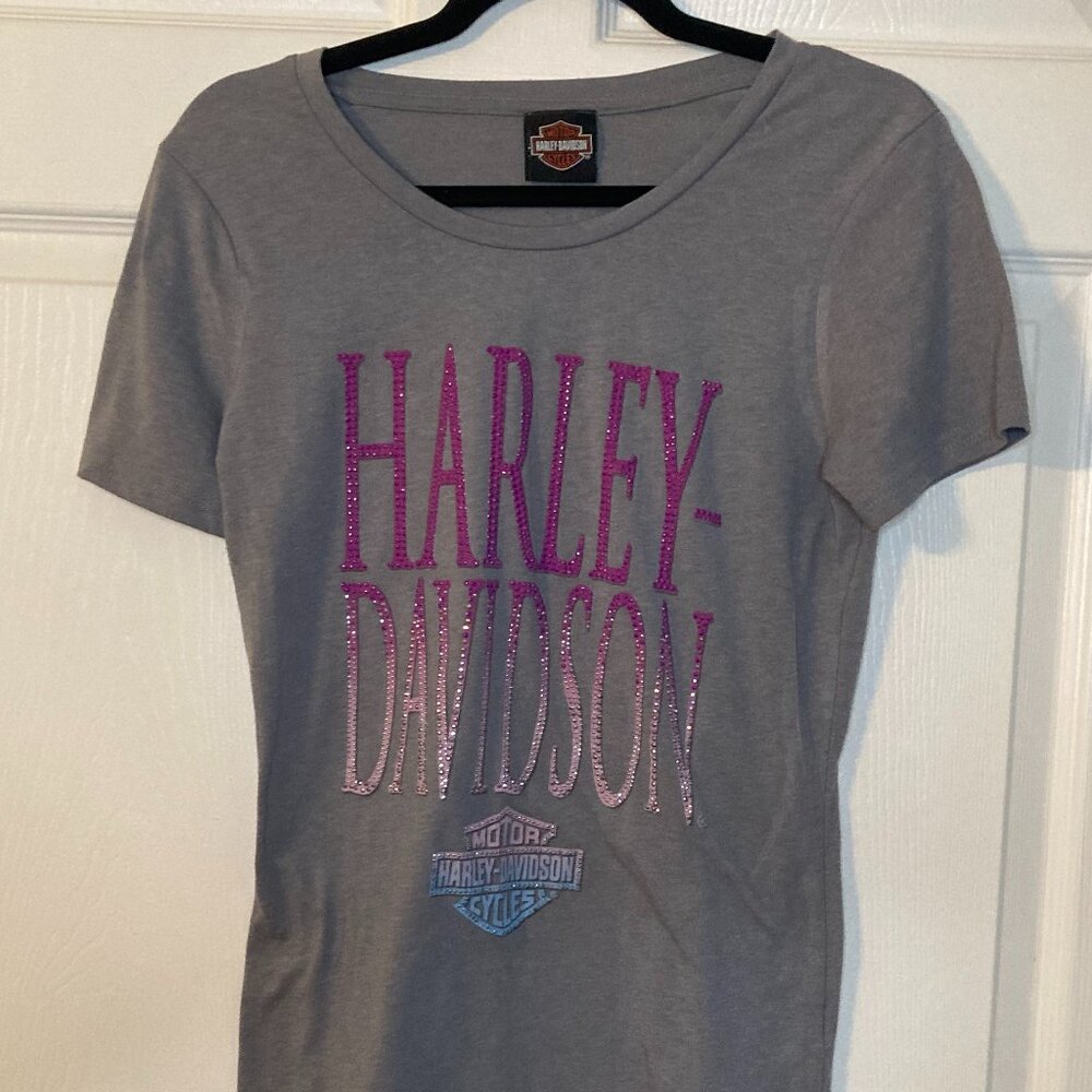 Harley Davidson Women's T-shirt - Gray With Rhinestone Logo - Size M